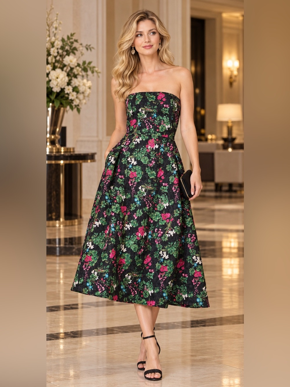 Sachin & Babi Cloque Strapless Floral Print A-Line Midi Dress Size 2